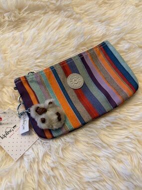 Kipling Kids/Women Multicolor Striped Wristlet Pouch with Monkey Charm
